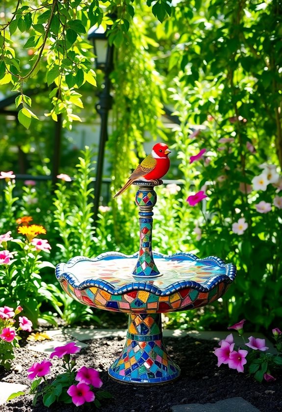 colorful mosaic birdbaths attract birds