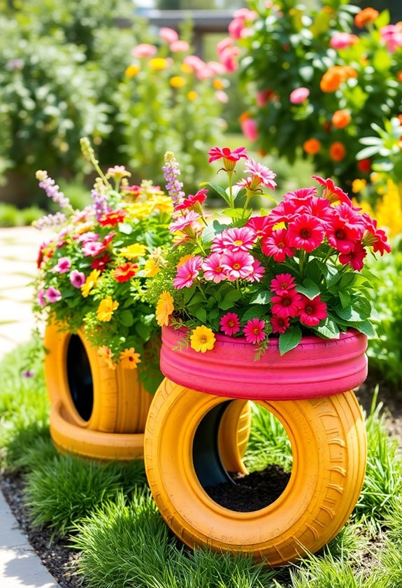 colorful upcycled tire planters