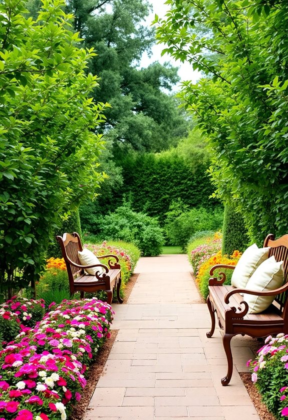 garden walkways with benches
