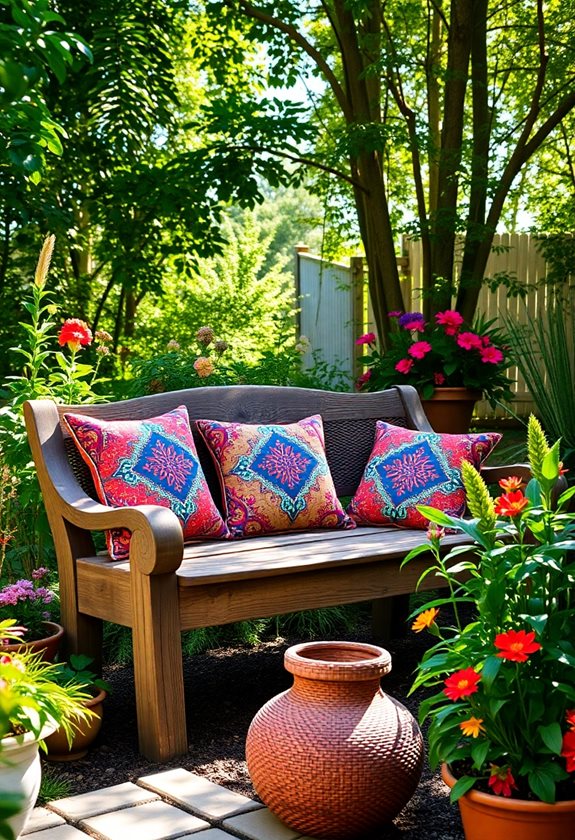 rustic bench with vibrant cushions