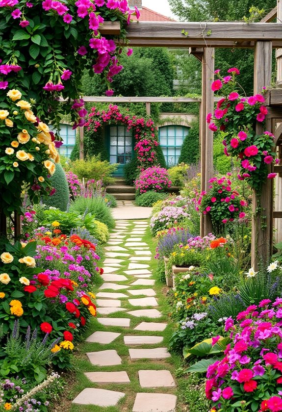 whimsical colorful cottage garden